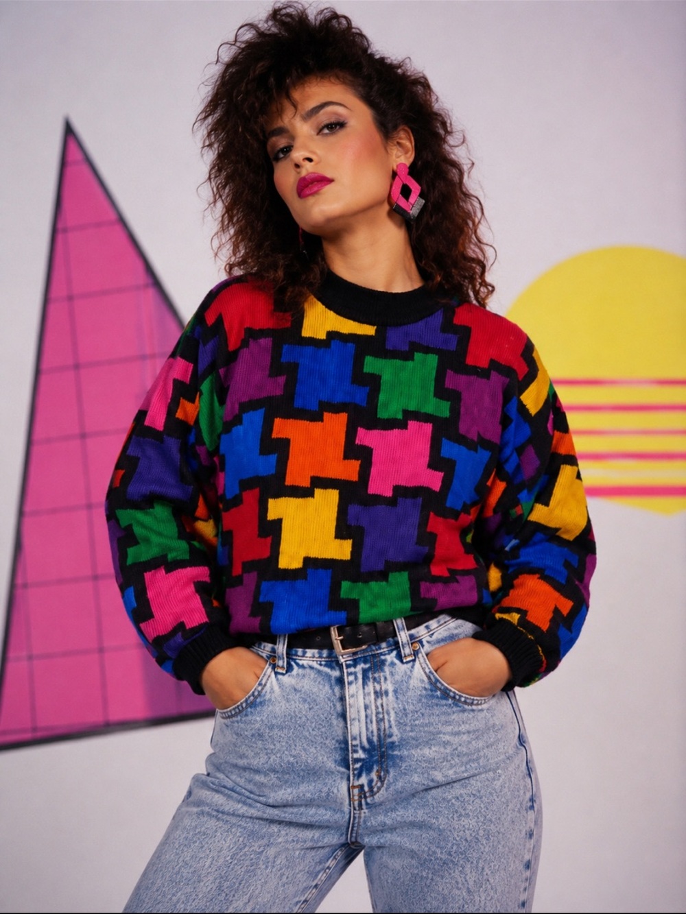 VTG Rafaella Statement Geometric Sweater rainbow Tetris maximalist